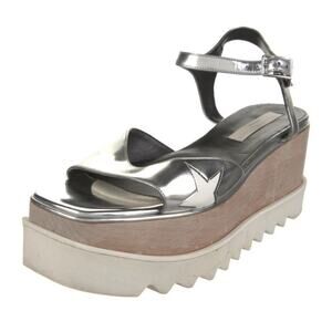 STELLA MCCARTNEY SHOES ELYSE STAR WOOD PLATFORM SANDALS SILVER Size 10.5 EU 41